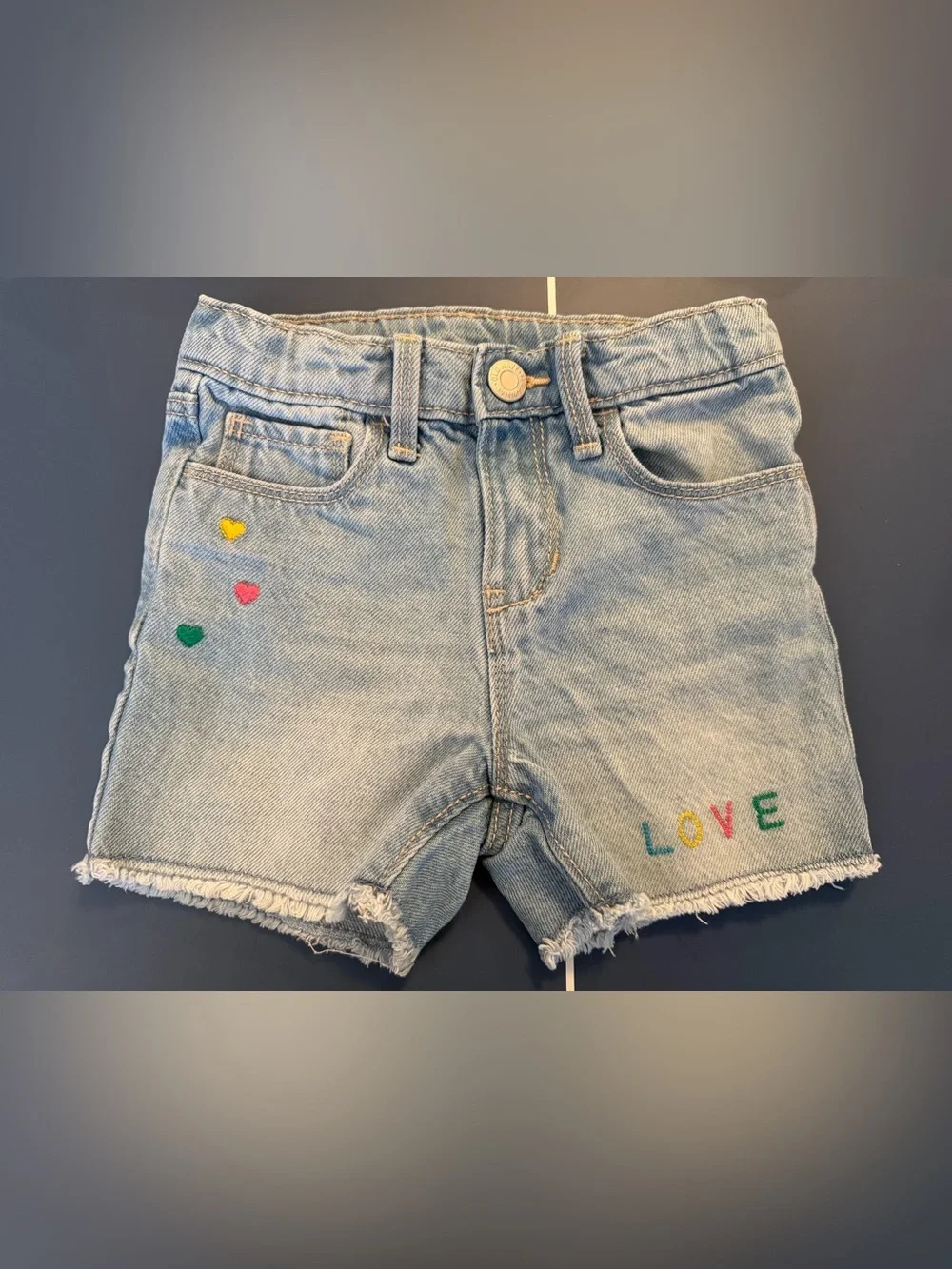Old Navy Light Blue Denim Shorts with Colorful Heart & LOVE Embroidery 4T